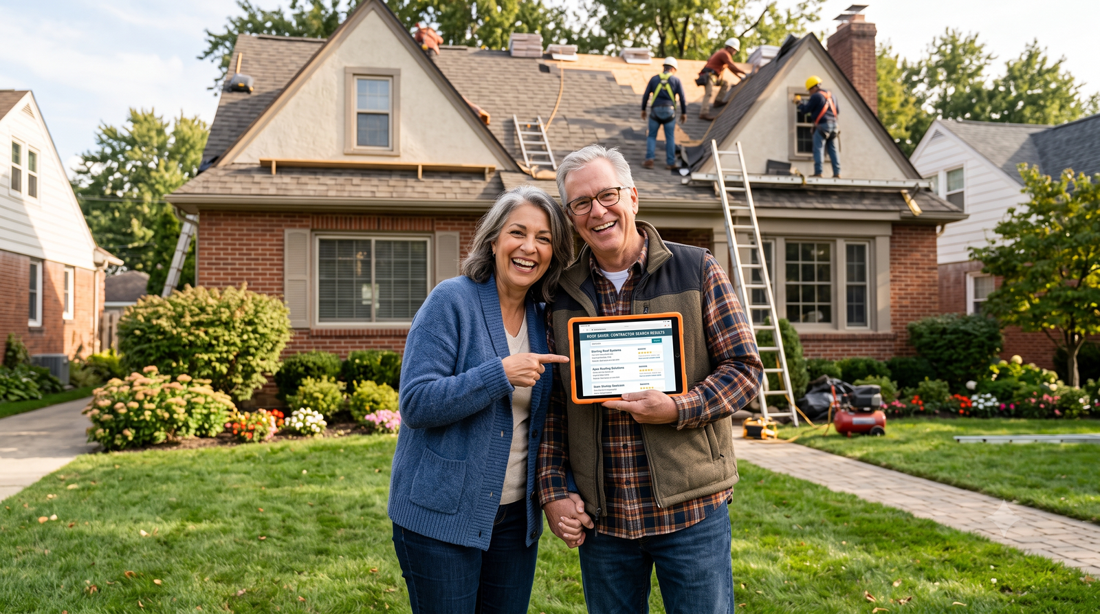Homeowners reviewing roofing contractor options on a tablet while professional roofers work on their home